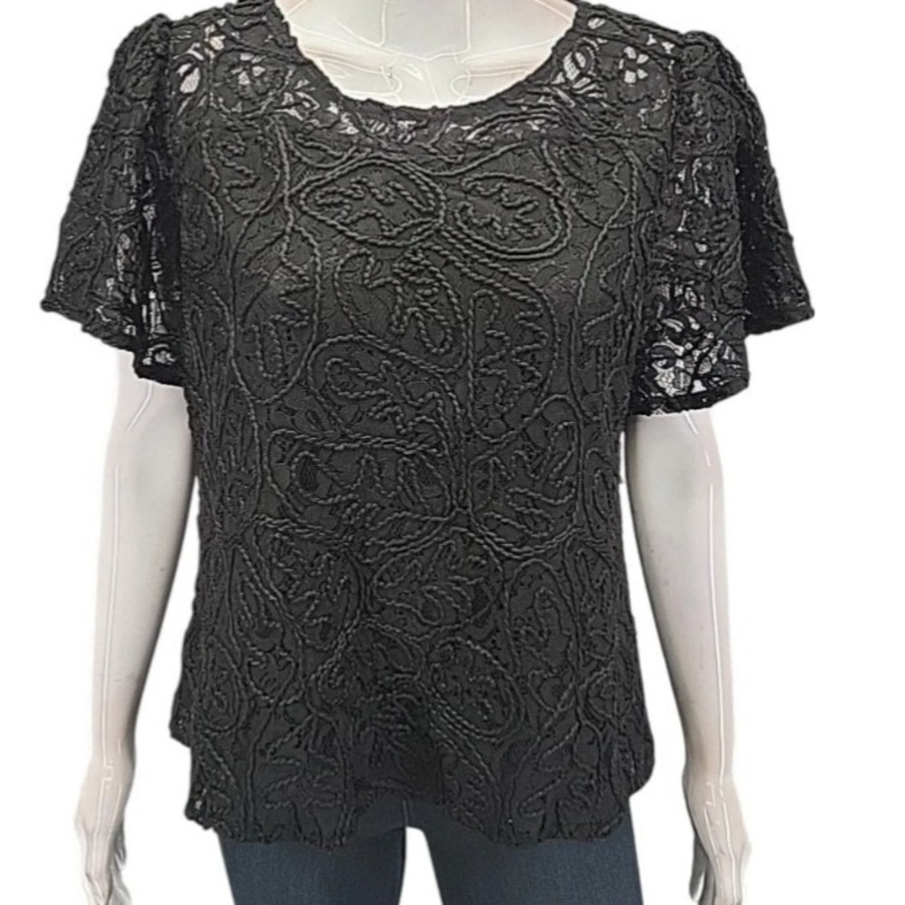 Kate‎ & Mallory Black Lace Flutter Sleeve Top Women Size L NWOT